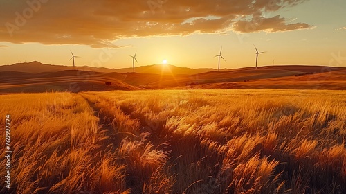 Warm glow of sunset blankets a field of golden wheat with wind turbines silhouetted against the horizon  embodying sustainable agriculture and energy.
