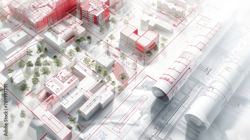 Detailed urban planning blueprint, architectural technical drawing concept illustration with precise lines and measurements, representing city development and construction projects
