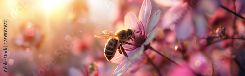Fliegende Bienen bei der Arbeit - Flying honey bee collecting pollen at yellow flower.  © Martin