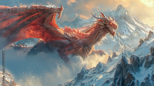 Powerful red dragon glides over a mountainous winter landscape, a scene capturing the essence of fantasy and mythic adventure.