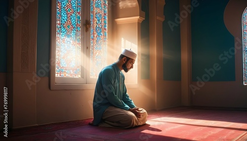Muslim man praying sitting in a mosque doorway with a light shining through. photo