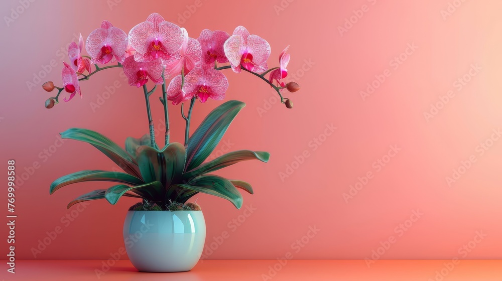   A pink vase with flowers on a table against a pink backdrop