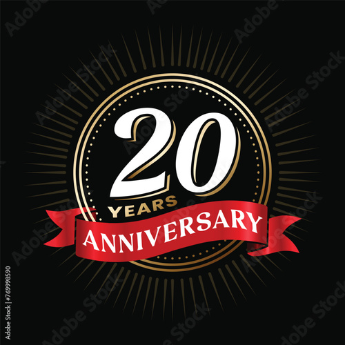20 years anniversary logo design with red color ribbon and gold shiny circle celebration elements. 20 TH wedding anniversary poster, template. Company 20 years age success banner on black background.