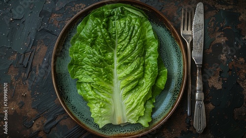 With fork and knife, a single lettuce leaf adorns the plate of a detox mono diet for weight loss photo