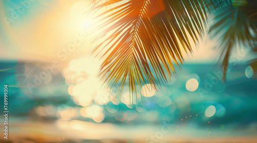 Blur tropical beach with palm leaf bokeh sun light wave abstract background. Vintage tone filter effect color style. AI.