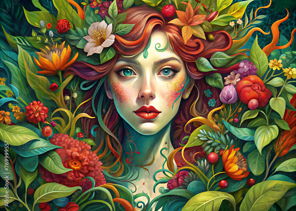 Floral Fantasy: Woman's Portrait Adorned with Botanical Elements
