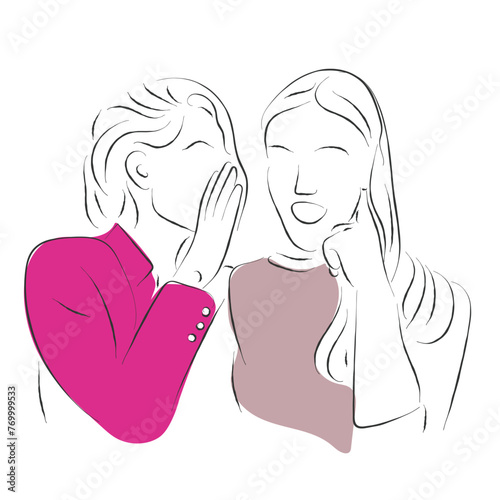 Hand drawn line art vector of people gossiping. Badmouthing and backiting someone. Dont gossip. Gossiping and rumors in corporate sector.