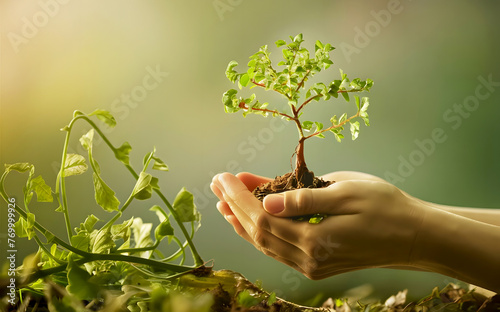 a small tree seedling held delicately in a hand. Green nature, young hand is a small tree. nature, growth, earth, hand, holding, gardening, ecology, care, young, concept, small, photography