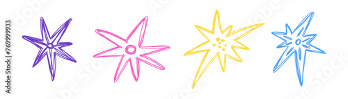 Set of doodle stars with texture drawn by hand. Vector simple illustration.