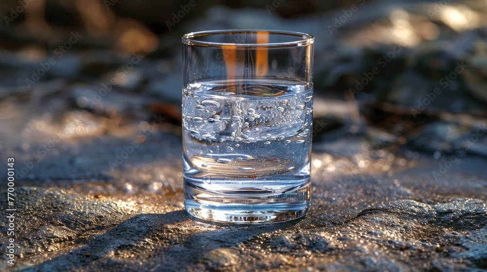 Glass filled with water atop a rocky ledge with lingering lint and yellow horizontal line inside glass Glass filled with water atop a rocky ledge with lingering lint and yellow horizontal line inside glass