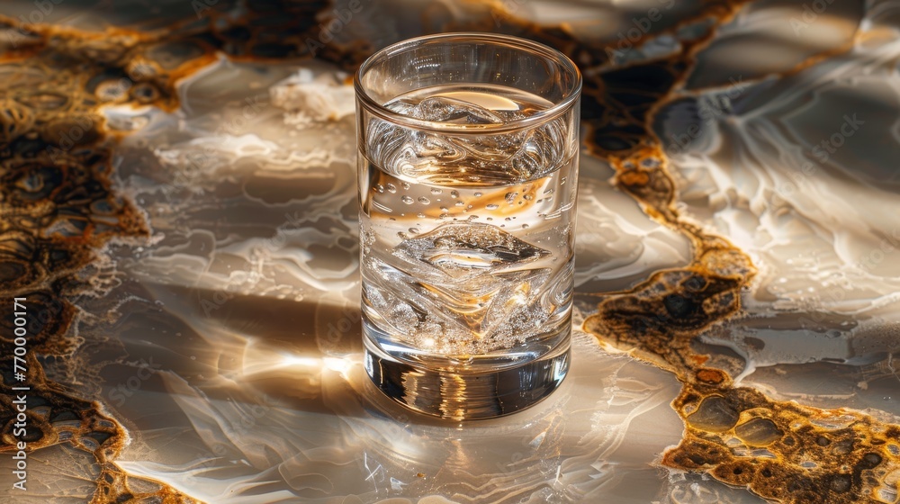A glass of water perched atop a golden and silver-flecked marble table A glass of water perched atop a golden and silver-flecked marble table