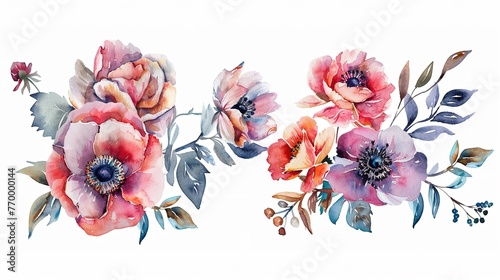 Watercolor bouquet of flowers collection. Gentle roses, peonies, anemone flowers, isolated. ,Generative ai, 