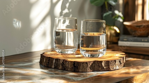   Two glasses of water sit atop a wooden table alongside a book and a potted plant