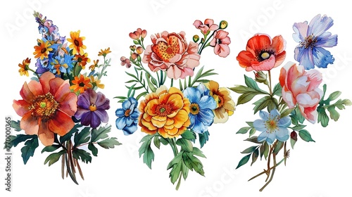 Watercolor set of colorful flowers bouquets on white background  ,Generative ai, 