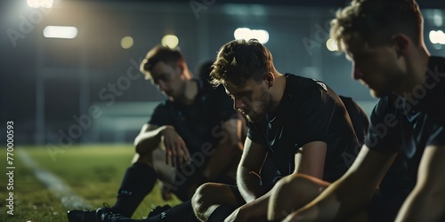 Disheartened soccer players in black kit look defeated after losing a match conveying disappointment in a stadium setting. Concept Sports, Soccer, Defeat, Disappointment, Stadium photo