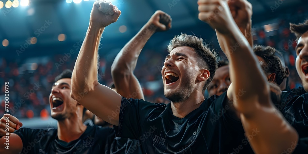 Φωτογραφία Male soccer players in black kits celebrating a victory in a stadium cheering and punching the air in joy
