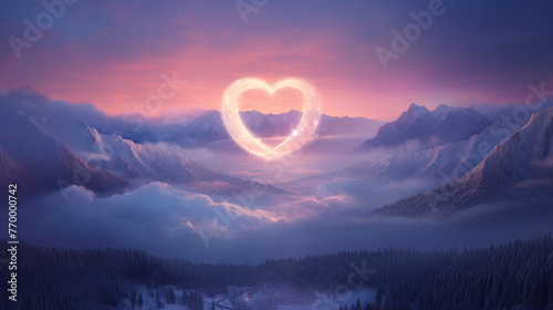 A Valentine's Day escapade to the mountains, with clouds forming a heart-shaped halo over the peaks at dusk