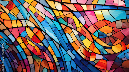 A vibrant abstract composition resembling stained glass windows, with bright colors and intricate patterns creating a mosaic effect background Ai Generative