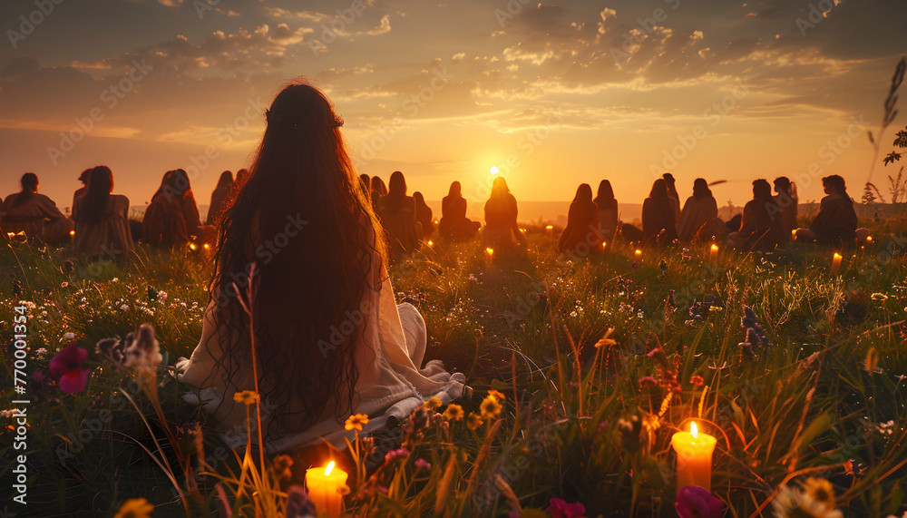 Spiritual solstice ritual celebrated at dawn in the midsummer, depicting a spiritual ceremony filled with ancient traditions and mysticism. - obrazy, fototapety, plakaty 