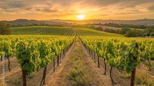 The setting sun casts a golden glow over row upon row of grapevines in a sprawling vineyard, symbolizing a rich harvest season. Resplendent.