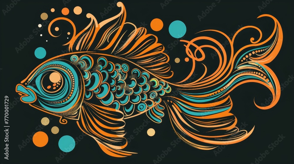 A sketch of a fish adorned with a skull and featuring a swirling pattern A sketch of a fish adorned with a skull and featuring a swirling pattern
