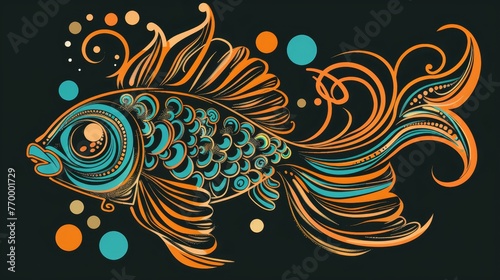   A sketch of a fish adorned with a skull and featuring a swirling pattern