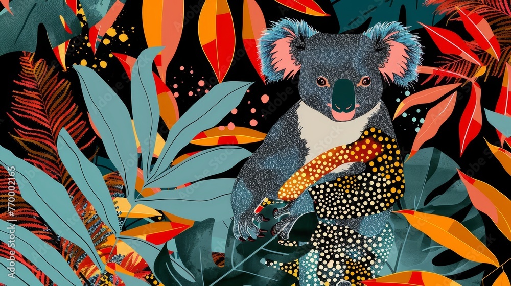   A painting of a koala sitting on a tree branch amidst tropical foliage against a dark backdrop