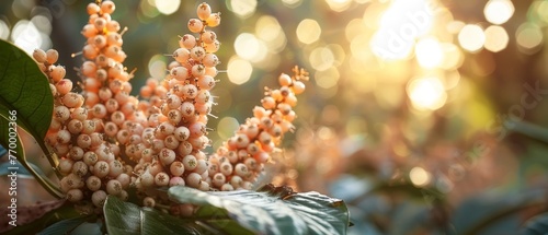  A magnified image of several blossoms on a twig against a backdrop of sunlight filtering through foliage