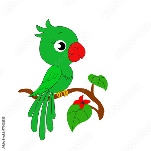 Green cartoon Parrot with vibrant feathers, funny poses on a clean white studio background on a clean white, a colorful parrot perched on a branch.