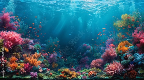  Underwater coral reef photo showing various vibrant corals and algae beneath the surface