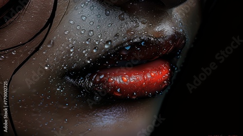  A photo of a woman's face with water droplets on it and red lipstick on her lips