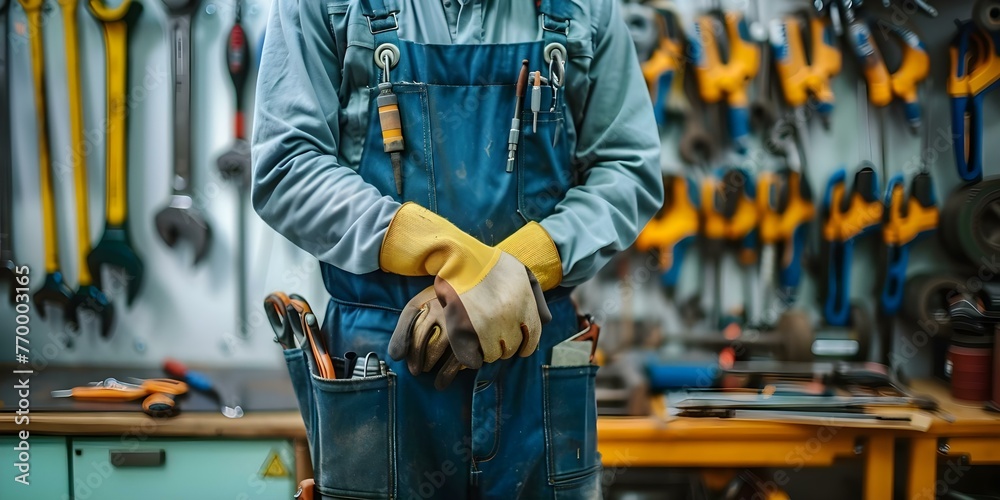 Maintenance worker organizing tools in facility management office ...