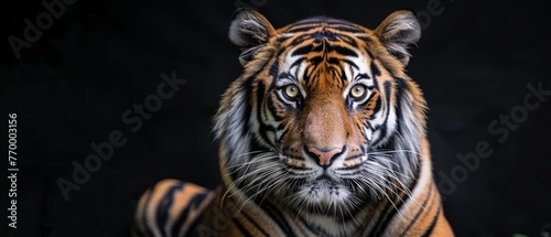  A black background showcases a sharp focus on a tiger's face Blurry background adds mystery