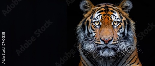  A close-up of a tiger's face on a black background with one eye visible