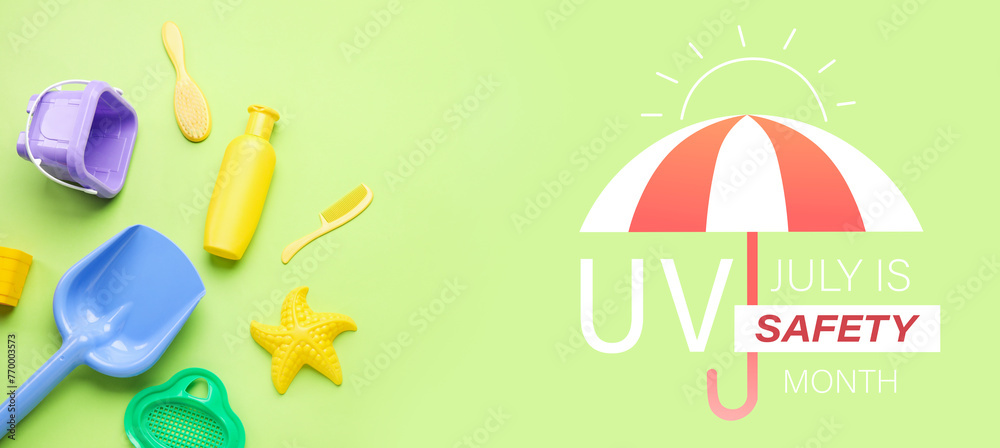 Sunscreen cream for baby with beach accessories on green background