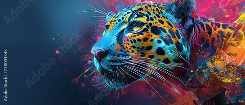   A vivid depiction of a leopard's visage on a blue backdrop with splattered colors © Jevjenijs