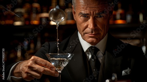   A man in a suit and tie holds a martini glass in front of his face, with a spoon sticking out of it photo