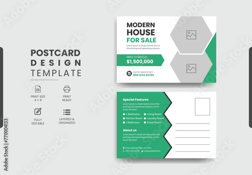 Real Estate Postcard Design Vector Template With Creative Modern Layout, Modern & Elegant Postcard Template Design Home For Sale.