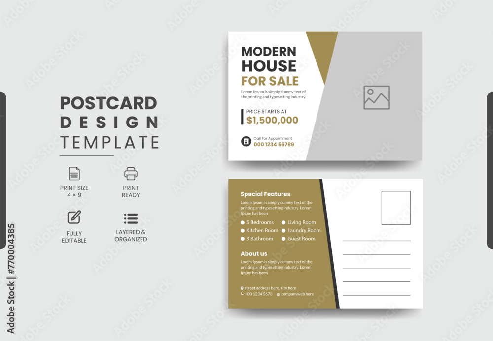 Real Estate Postcard Design Vector Template With Creative Modern Layout, Modern & Elegant Postcard Template Design Home For Sale. Real Estate Postcard Design Vector Template With Creative Modern Layout, Modern & Elegant Postcard Template Design Home For Sale.