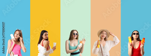 Fotografie Set of beautiful young women with sunscreen cream on color background