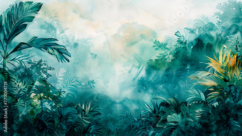 Lush jungle painting with abundant green plants. Abstract forest green watercolor background.