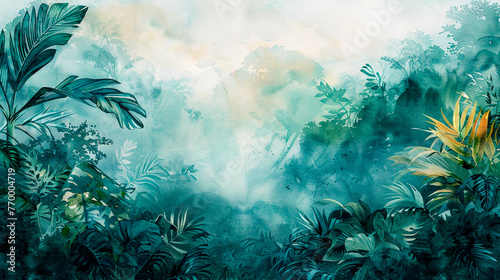 Fototapeta Naklejka Na Ścianę i Meble -  Lush jungle painting with abundant green plants. Abstract forest green watercolor background.