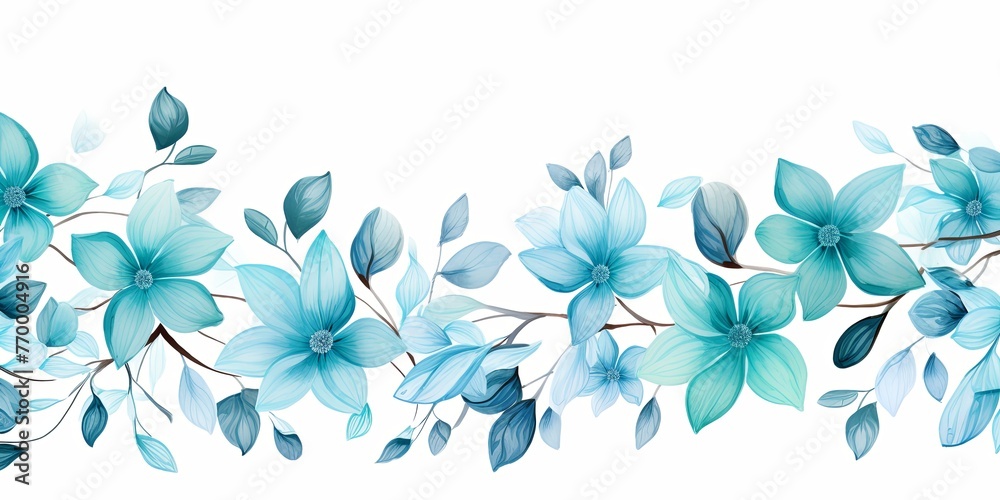 Cyan thin barely noticeable flower frame with leaves isolated on white background pattern
