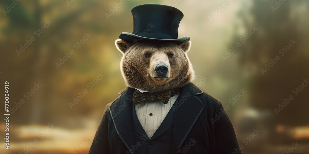 Elegant Bear in Top Hat and Tails: Majestic Forest Gentleman Banner