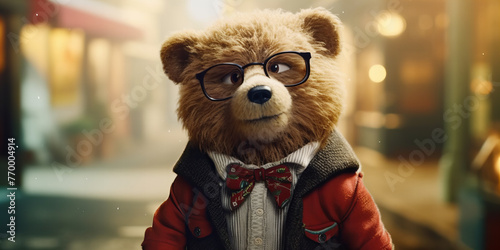 Elegant Teddy Bear with Glasses in Urban Winter Wonderland Adventure Banner