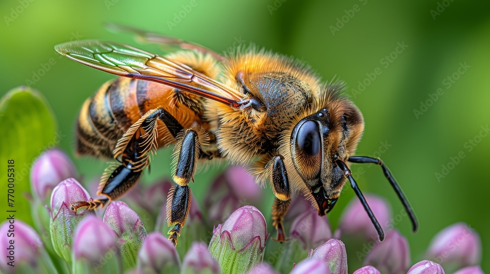 A close-up of a bee hovering over a cluster of vivid purple flowers with a softly blurred background A close-up of a bee hovering over a cluster of vivid purple flowers with a softly blurred background