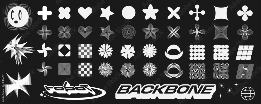 Retro futuristic elements for design. Collection of abstract graphic geometric symbols and objects in y2k style. Templates for pomters, banners, stickers, business cards. - obrazy, fototapety, plakaty 
