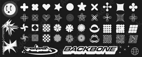 Retro futuristic elements for design. Collection of abstract graphic geometric symbols and objects in y2k style. Templates for pomters, banners, stickers, business cards.