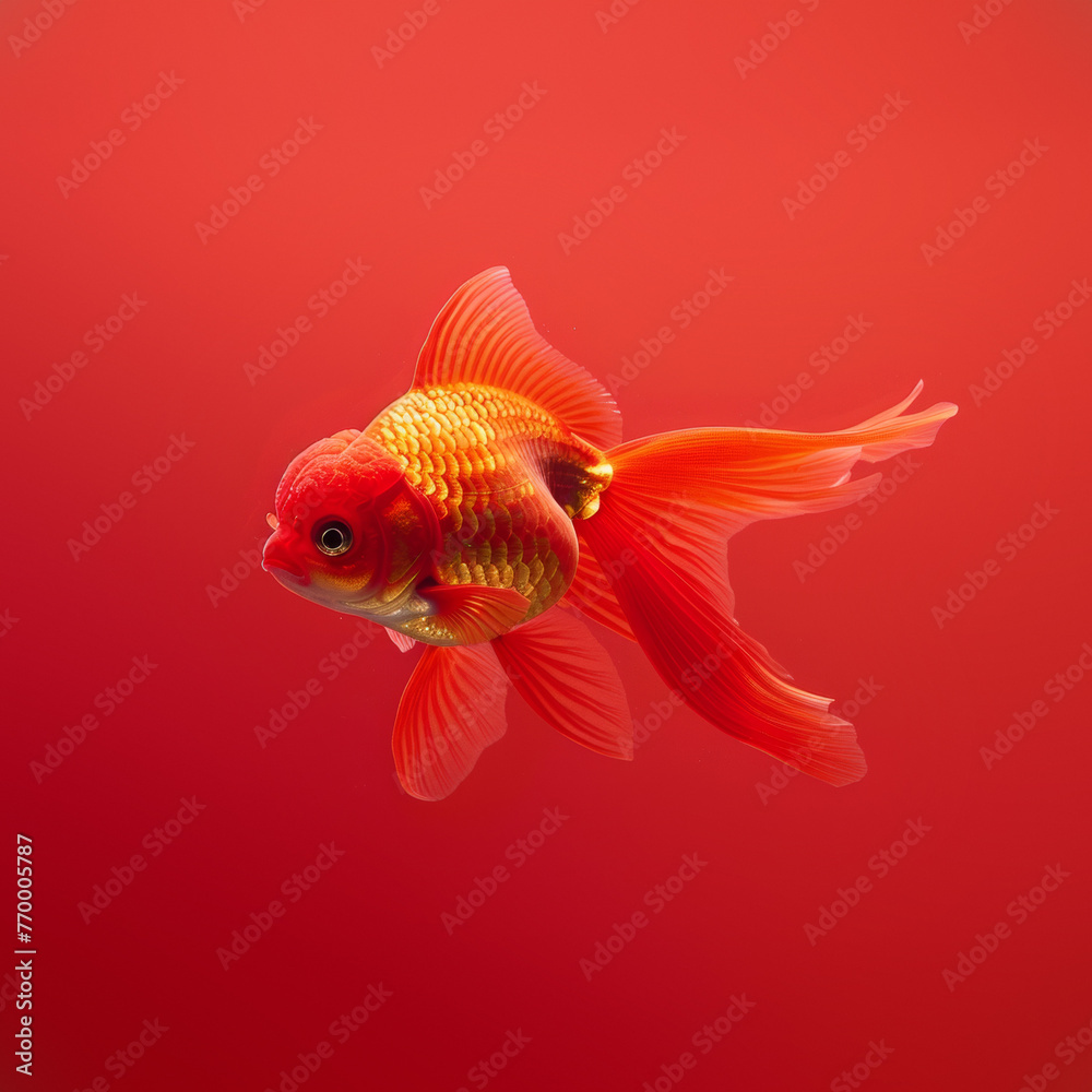 Fototapeta premium Elegant Goldfish in Red: A single goldfish swimming in a striking red backdrop, embodying simplicity and elegance in aquatic design