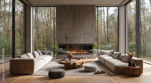 Minimalist living room with sleek modern fireplace, neutral color palette, large windows showcasing a forest view, a cozy sofa and armchair arrangement, a wooden coffee table in front of the hearth